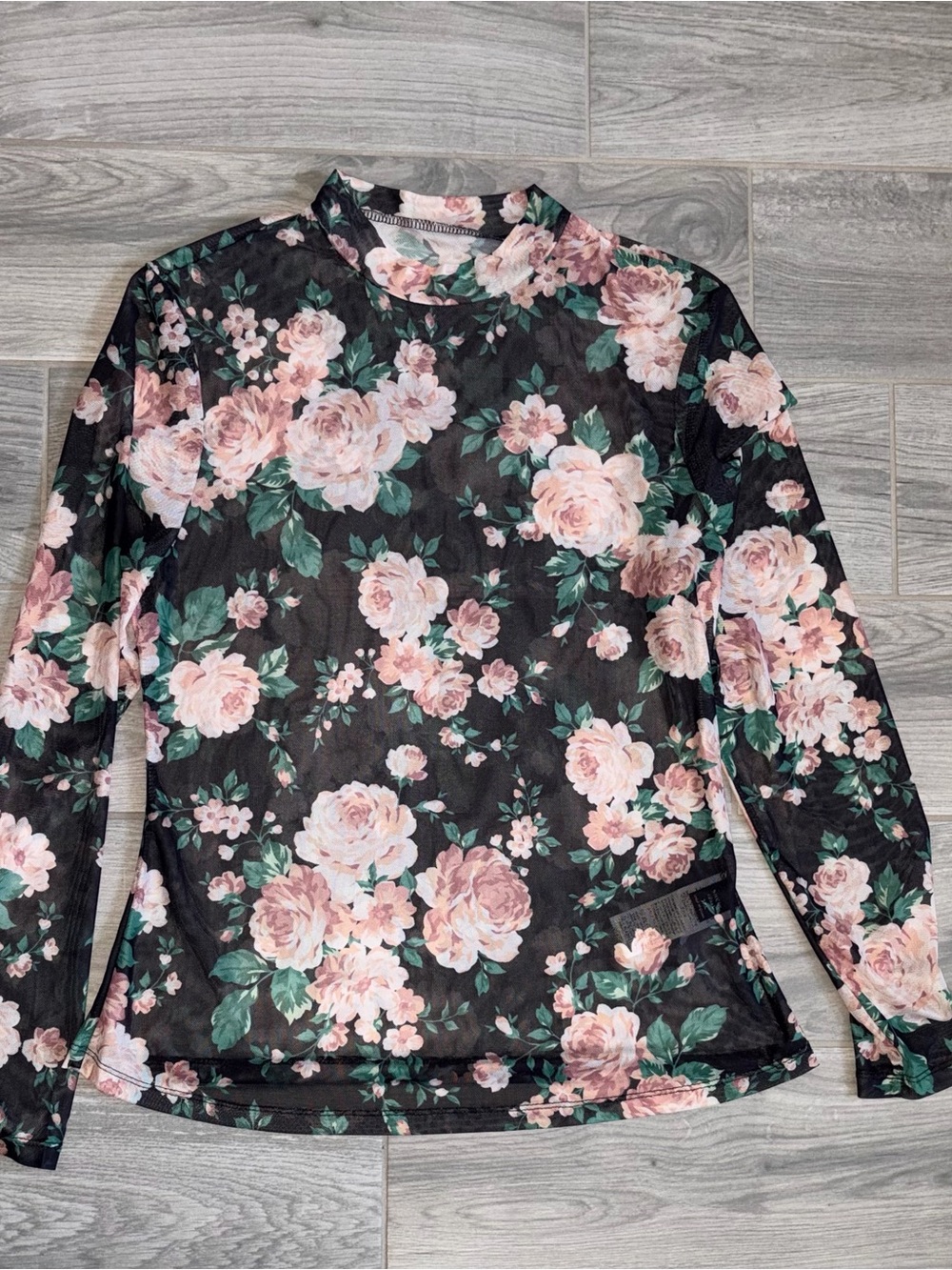 SHEIN Black Floral Mesh Long-Sleeve Top with Pink Roses